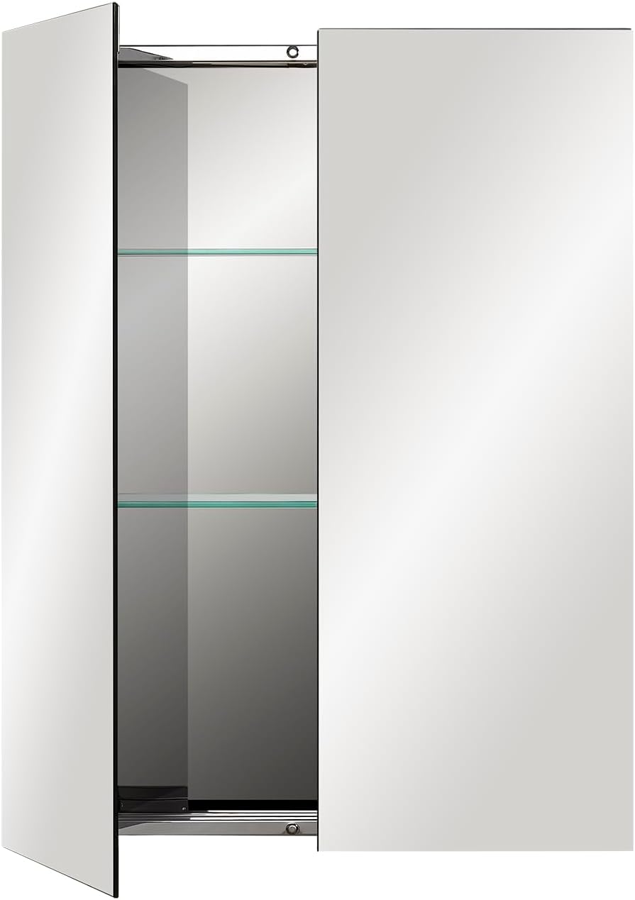 Fundin Roestvrijstalen badkamerspiegelkast met dubbele deuren, verstelbare planken van gehard glas, opbouwmontage, 50 cm B x 65 cm H, spiegelafwerking