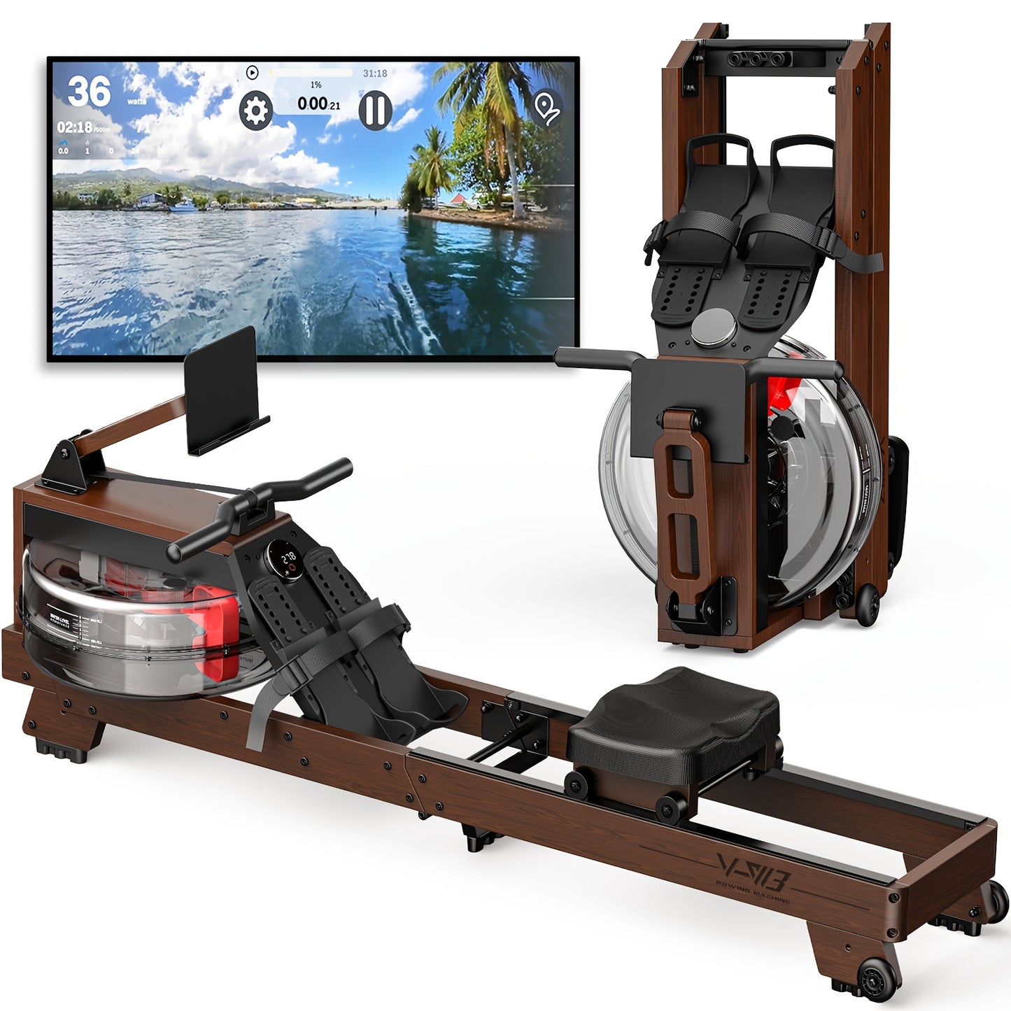 Waterroeimachine – Roeitrainer – Rower – Fitnessapparaat – Homegym – Houten Frame – Waterweerstand – Draaggewicht 175 kg