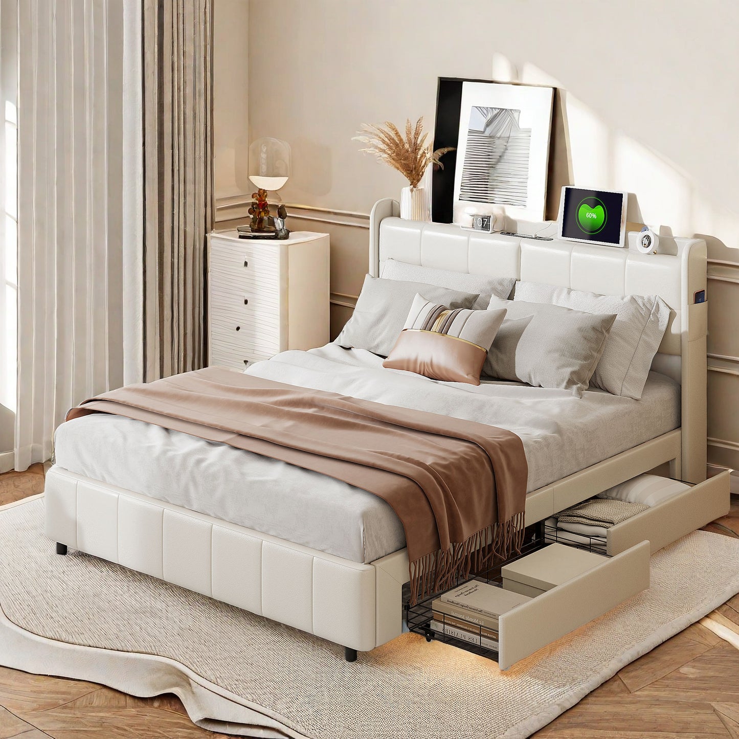 Tweepersoonsbed – Bed Met Opbergruimte – Opbergbed – Led Bed – Slaapkamerbed – 160x200 cm – PU Leder – Met USB Oplaadpunten