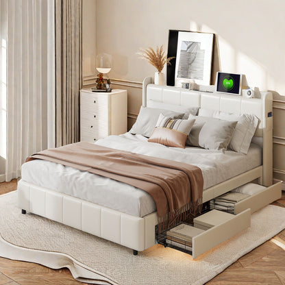 Tweepersoonsbed – Bed Met Opbergruimte – Opbergbed – Led Bed – Slaapkamerbed – 160x200 cm – PU Leder – Met USB Oplaadpunten