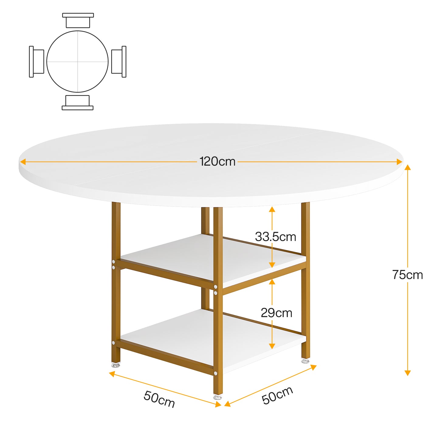 Eettafel – Keukentafel – Ronde Tafel – Eetkamertafel – Inklapbare Tafel – 119 cm Rond – 2-laags Opbergruimte – Wit Gouden Farmhouse Design