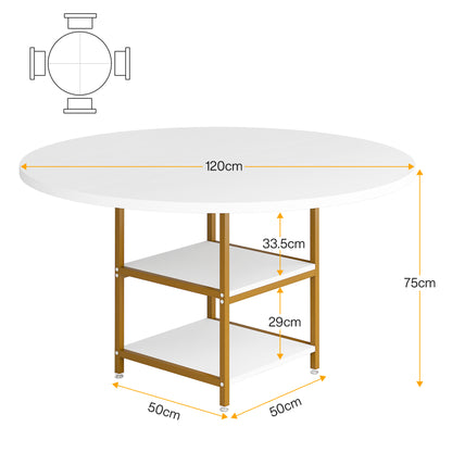 Eettafel – Keukentafel – Ronde Tafel – Eetkamertafel – Inklapbare Tafel – 119 cm Rond – 2-laags Opbergruimte – Wit Gouden Farmhouse Design