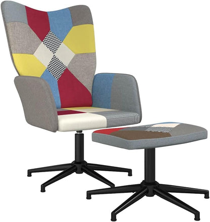 Relaxstoel Met Poef – Fauteuil – Draaistoel – Leunstoel – Lounge Stoel – Patchwork Ontwerp – 360 Graden Draaibaar – Comfortabel Schuimrubber – Stalen Frame