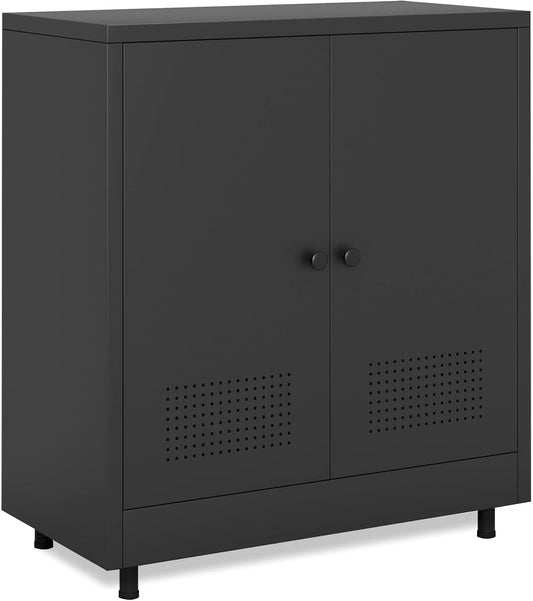 Metalen opbergkast met 2 deuren en verstelbare plank, stalen accent dressoir buffetkast voor thuis, kantoor, garage, entree, woonkamer, keukenkast en eetkamer (zwart) - QUORE