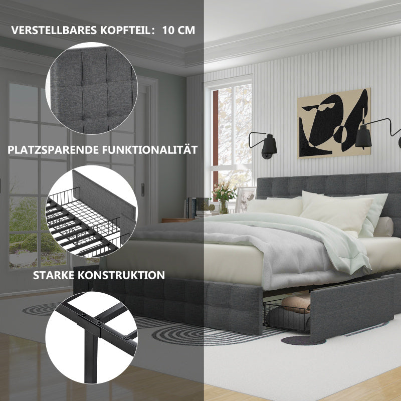 Beddenkast – Tweepersoonsbed – Opbergbed – Gestoffeerd Bed – Opbergbed – Linnen Materiaal – 4 Ruime Lades – Verstelbaar Hoofdbord – 140x200 cm