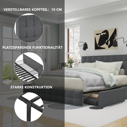 Beddenkast – Tweepersoonsbed – Opbergbed – Gestoffeerd Bed – Opbergbed – Linnen Materiaal – 4 Ruime Lades – Verstelbaar Hoofdbord – 140x200 cm