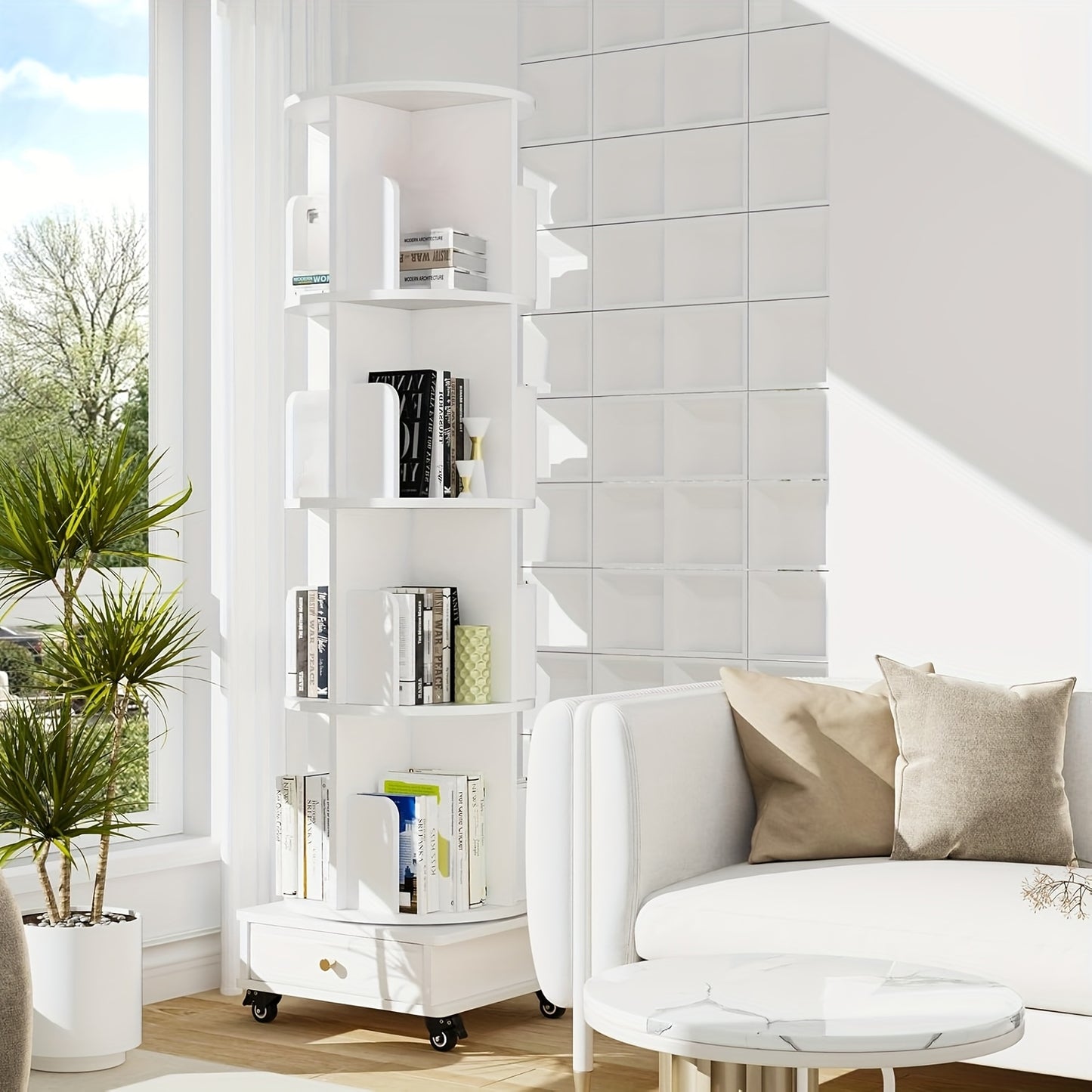 Boekenrek – Boekenplank – Boekenkast – Opbergkast – Wit – 4-Lagen Met Lade – 360° Draaibaar Met Wieltjes