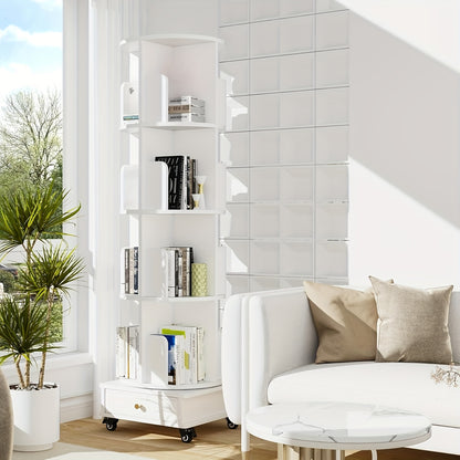 Boekenrek – Boekenplank – Boekenkast – Opbergkast – Wit – 4-Lagen Met Lade – 360° Draaibaar Met Wieltjes