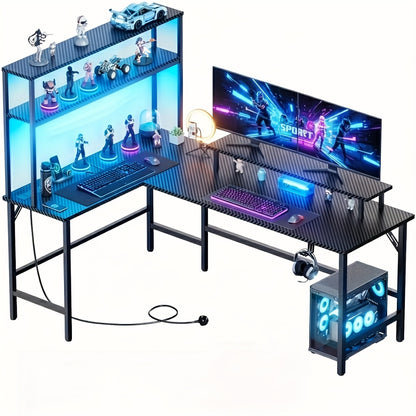Ergonomisch Bureau – L-vormig Bureau – Hoekbureau – Gamingbureau – Computerbureau – LED-Verlichting – Verstelbare Monitorhouder – Zwart – 150x100 cm – Inclusief Headphonehouder en Cupholder