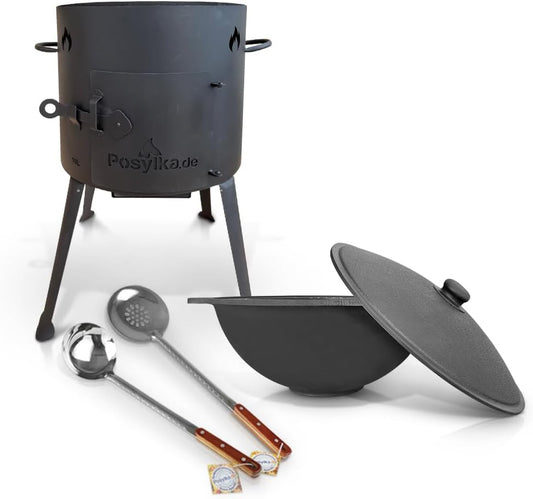 Utschak KazanoFF Fire Oven with Cast Iron Pan, Flat Bottom with Lid (10 L), Ladle, 48 cm, 48 cm, KazanoFF Outdoor Fire Bowl, Camping, Kazan, Goulash Cannon, Dutch Oven (Set 4)