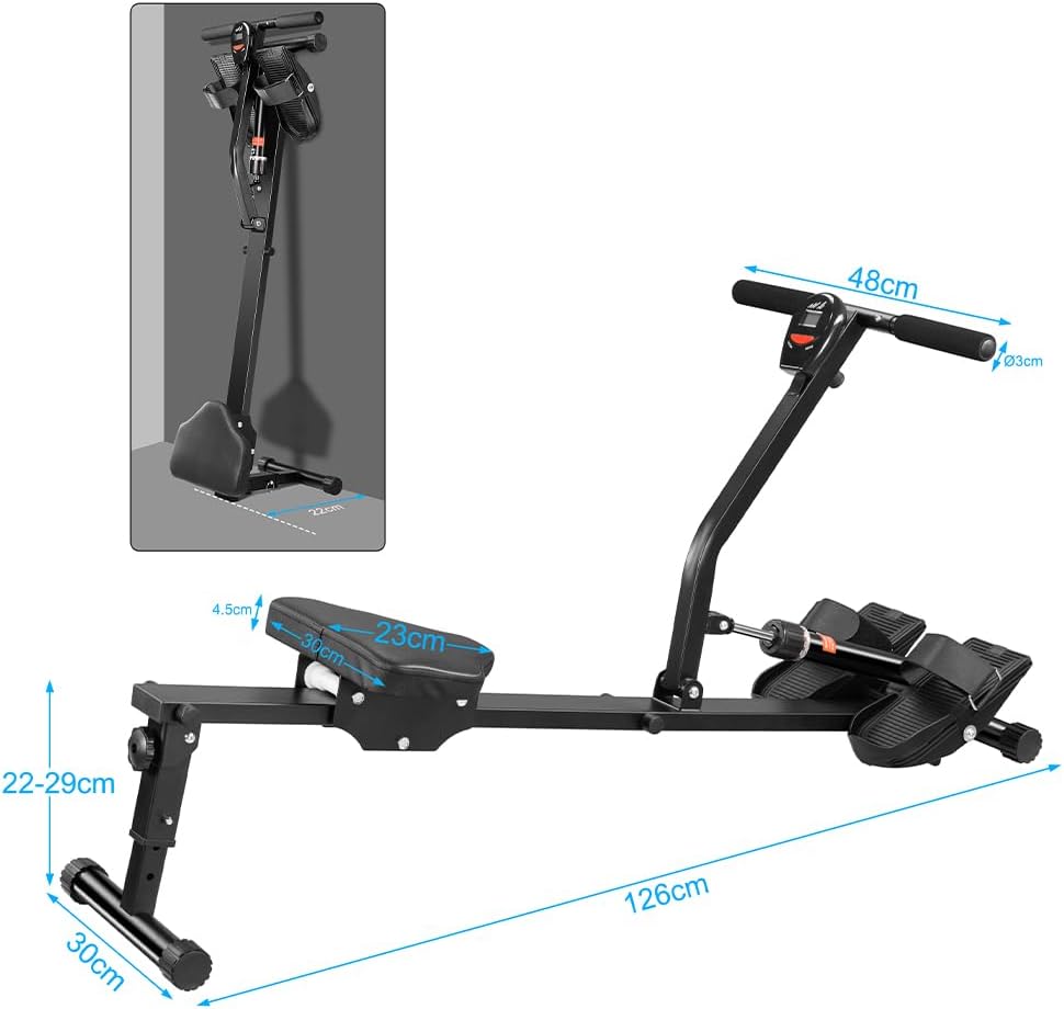 BAKAJI Rowing machine, foldable, space-saving and quiet, training device for indoor use, with LCD display and 12 resistance levels, gym, fitness, cardio (foldable rowing machine - QUORE