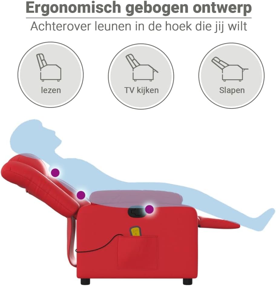 Massagestoel – Relaxfauteuil – Ligstoel – TV Stoel – Kunstleren Fauteuil – Verstelbaar tot 135° – 6-Punts Vibratiemassage zonder Verwarming – Dieprood