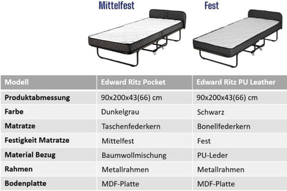 Edward Bed & Bath Opklapbaar logeerbed met wieltjes, 90 x 200 cm, 14 cm pocketveringmatras (middelhard), ruimtebesparend, stabiel en belastbaar, opklapbed, beige