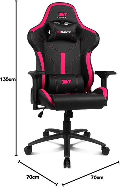DRIFT Gaming Chair DR350 -DR350BP - Professionele Gaming Chair, kunstleder, 4D armleggers, geruisloze wielen, klasse 4 zuiger, kantelbaar, lende/cervicaal kussen, kleur zwart/roze
