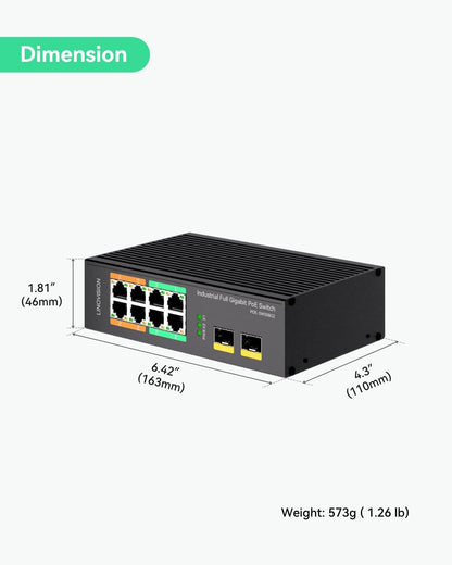 LINOVISION Industriële 8-poorts volledige Gigabit POE-switch met 4 BT 90W PoE-poorten, totaal POE-budget 120W, POE-waakhond, DIN-rail POE-switch voor PTZ-camera/POE-verlichting/ POE-monitor