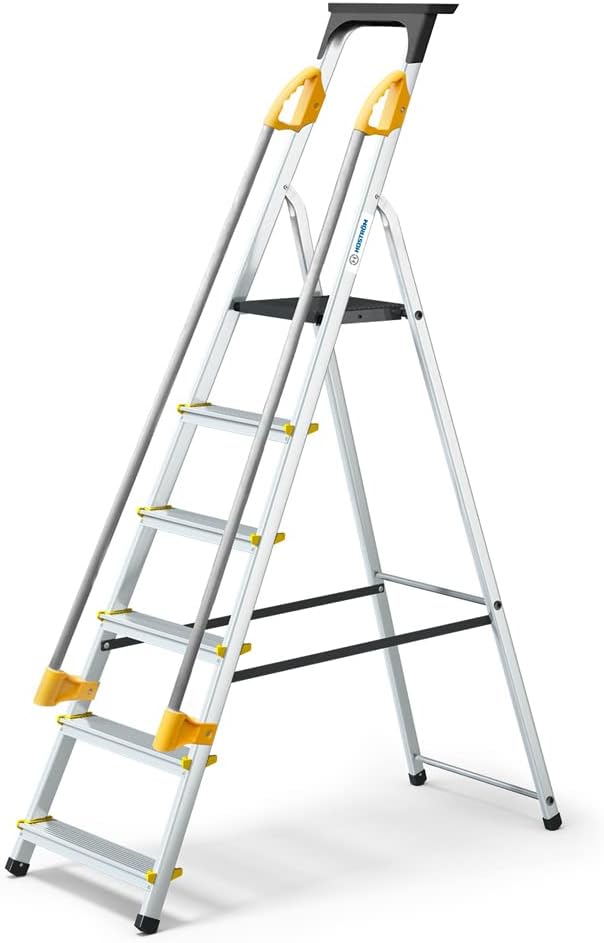 HOSTROM Veilige trapladder met 6 treden met hellingen, gereedschapshouder, inklapbaar, aluminium, platformhoogte 119 cm,