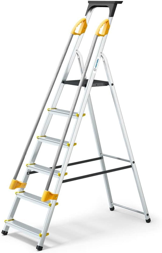 HOSTROM Veilige trapladder met 6 treden met hellingen, gereedschapshouder, inklapbaar, aluminium, platformhoogte 119 cm,