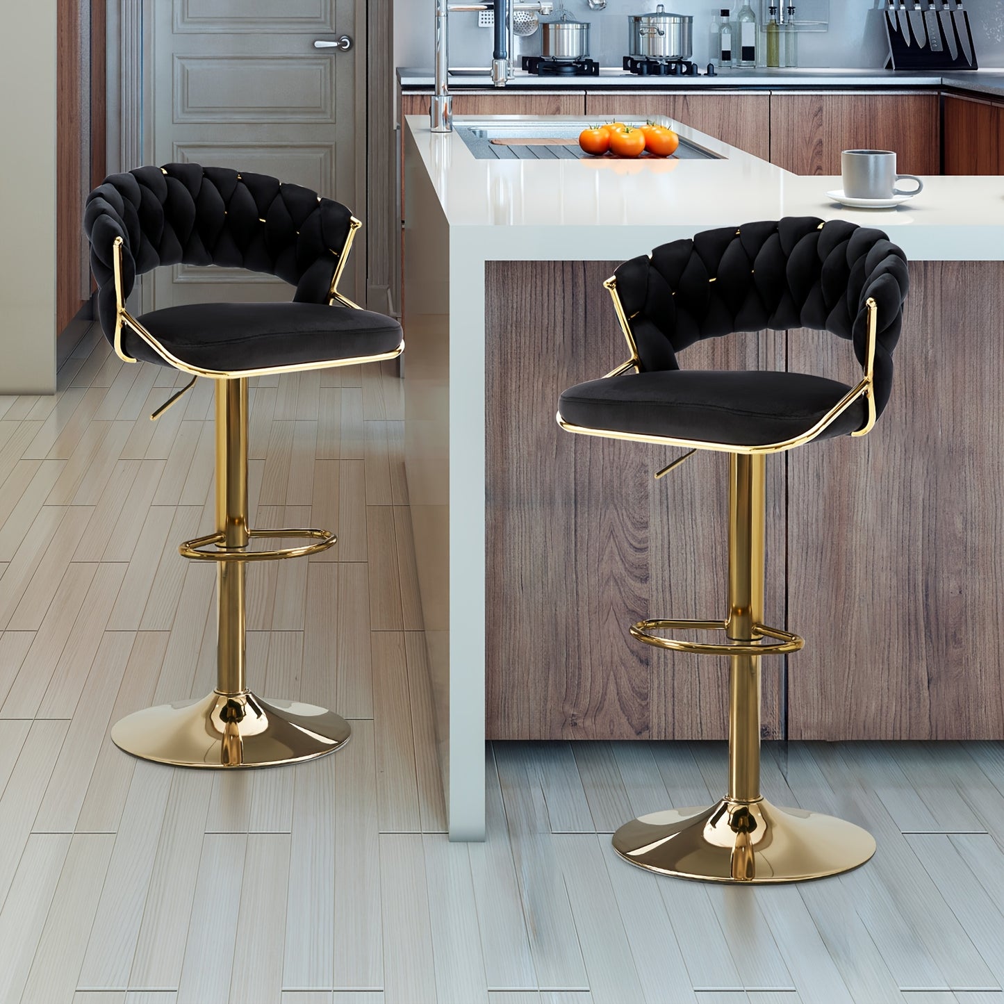 Barstoel – Barkruk – Barkrukken – Barstoel Set – Barkrukken Set – Verstelbaar – Velvet Bekleding Met Gevlochten Open Rug – Gouden Metalen Onderstel