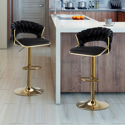 Barstoel – Barkruk – Barkrukken – Barstoel Set – Barkrukken Set – Verstelbaar – Velvet Bekleding Met Gevlochten Open Rug – Gouden Metalen Onderstel