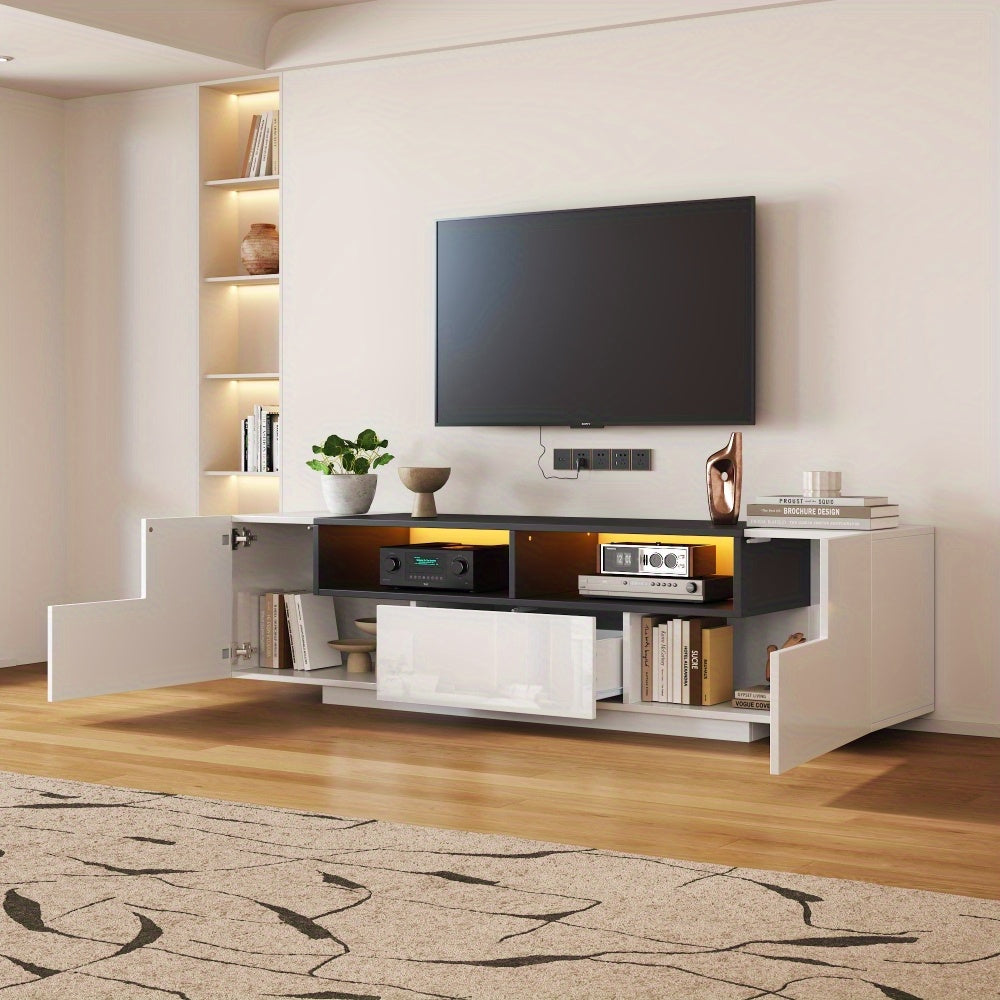 Tv Meubel – TV Kast – TV Dressoir – TV Stand – Entertainment Center – L-vormig Ontwerp – Geschikt voor 75 Inch – Hoogglans Wit Zwart – Vrijstaand Met Opberglades