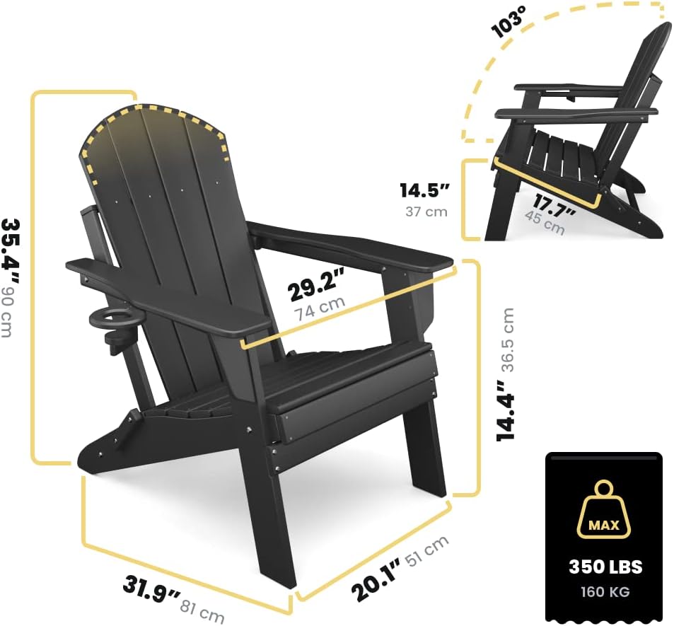 Adirondack Folding Chair for Garden, Patio or Deck - Arm Rests and Cup Holder - Lightweight, Weatherproof - Stylish, Durable Outdoor Furniture for Fire Pit, Beach, Poolside, Porch (Black)
