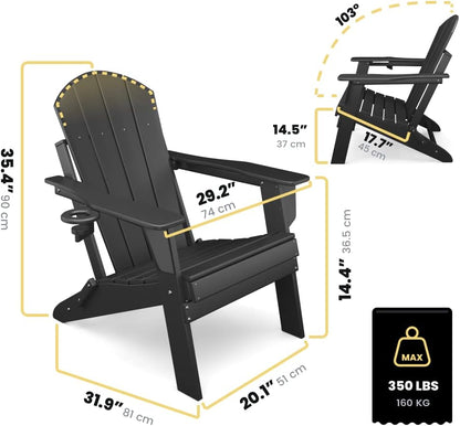 Adirondack Folding Chair for Garden, Patio or Deck - Arm Rests and Cup Holder - Lightweight, Weatherproof - Stylish, Durable Outdoor Furniture for Fire Pit, Beach, Poolside, Porch (Black)