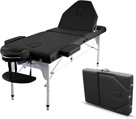 Massagetafel Zwart – Massagebank – Behandelbank – Fysiobank – Massagebed – 186 x 66 cm – Inklapbaar Aluminium Frame en Verstelbare Rugleuning
