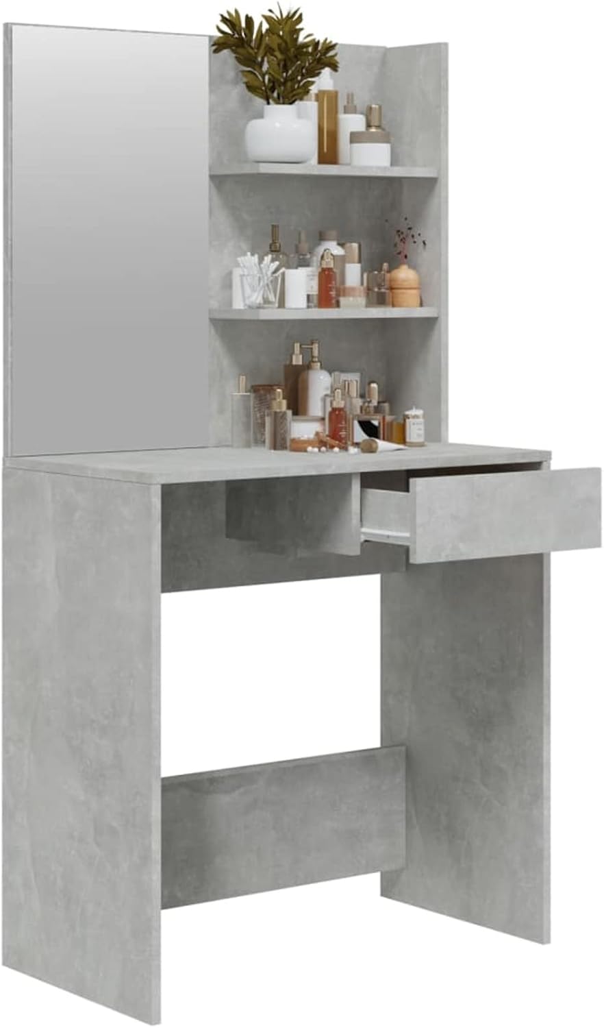 Make-uptafel met spiegel – Kaptafel – Schoonheidstafel – Make-up bureau – Dressing tafel – Stevig multiplex – Ruime opbergruimte – Beton grijs – 74,5x40x141 cm