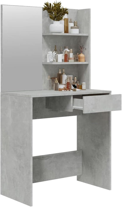Make-uptafel met spiegel – Kaptafel – Schoonheidstafel – Make-up bureau – Dressing tafel – Stevig multiplex – Ruime opbergruimte – Beton grijs – 74,5x40x141 cm