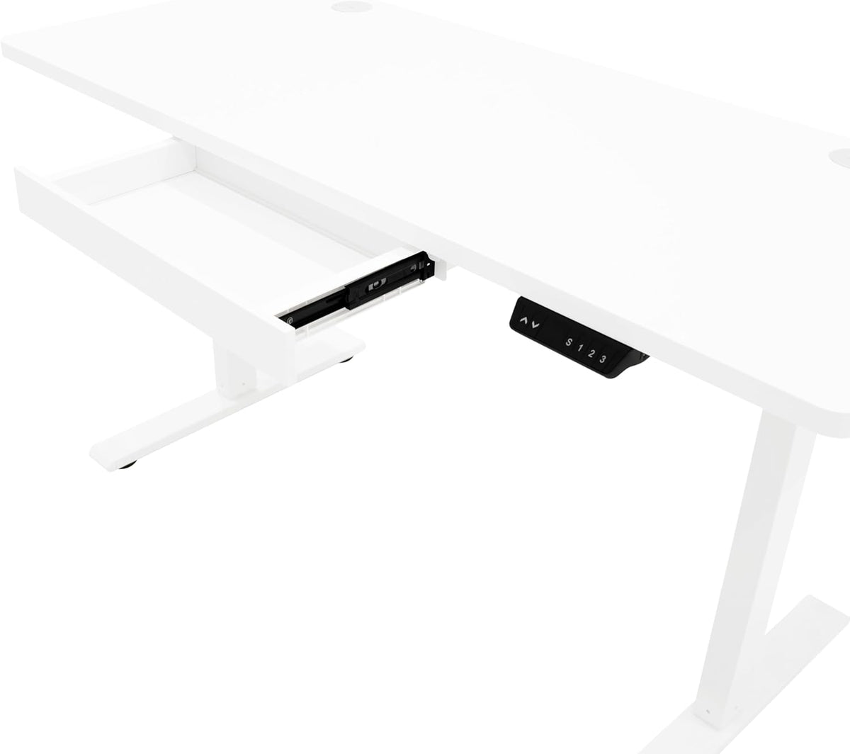 Electric Standing Desk 140 x 60cm White Height Adjustable Ergonomic Sit-to-Stand Computer Workstation Built-in Drawer USB A&C Charging Cable Pocket Hook Office Table Timer Smart Control Panel - QUORE