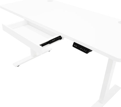 Electric Standing Desk 140 x 60cm White Height Adjustable Ergonomic Sit-to-Stand Computer Workstation Built-in Drawer USB A&C Charging Cable Pocket Hook Office Table Timer Smart Control Panel - QUORE