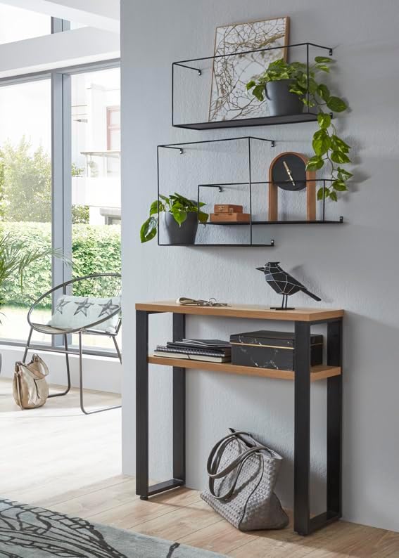 HAKU Console eiken, zwart, MDF, metaal - Maat: B 70 cm x H 75 cm x D 28 cm, Stijl: Modern