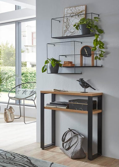 HAKU Console eiken, zwart, MDF, metaal - Maat: B 70 cm x H 75 cm x D 28 cm, Stijl: Modern