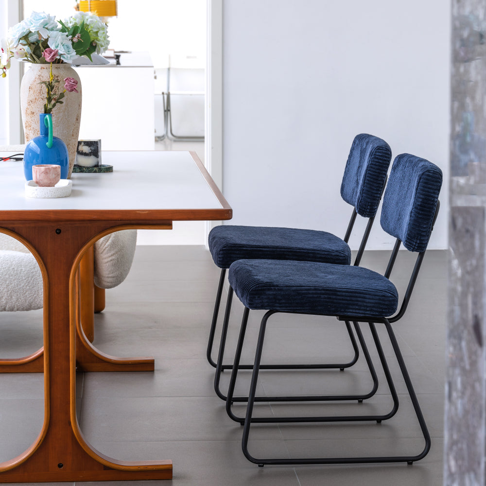 Eetkamerstoel – Stoel – Kuipstoel – Keukenstoel – Set van 2 – Modern Navy Blauw – Metalen Frame – Gestreepte Stof – Stevig – Makkelijk Schoon Te Maken
