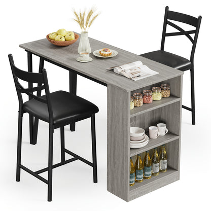 3pcs Two-Person Kitchen Dining Table Set with 2 Chairs & Extendable Counter-Height Bar Table - Space-Saving Modern Farmhouse Style, Dark Wood & Black Metal Construction, 3 Storage Shelves, Easy Assembly for Small Spaces, Apar