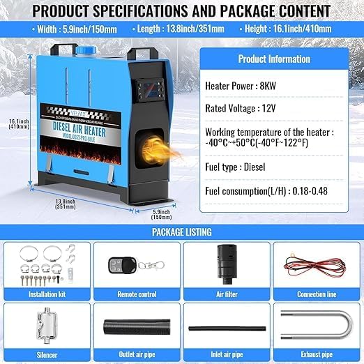 All-in-one Diesel Air Heater, Diesel Air Heater with Remote Control and LCD Display, Fast Heating and Low Noise, Portable Heater for Truck, RV, Trailer, Motorhome - QUORE
