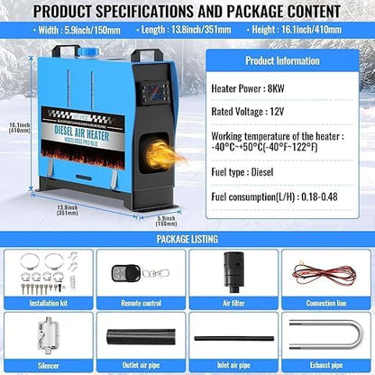 All-in-one Diesel Air Heater, Diesel Air Heater with Remote Control and LCD Display, Fast Heating and Low Noise, Portable Heater for Truck, RV, Trailer, Motorhome - QUORE