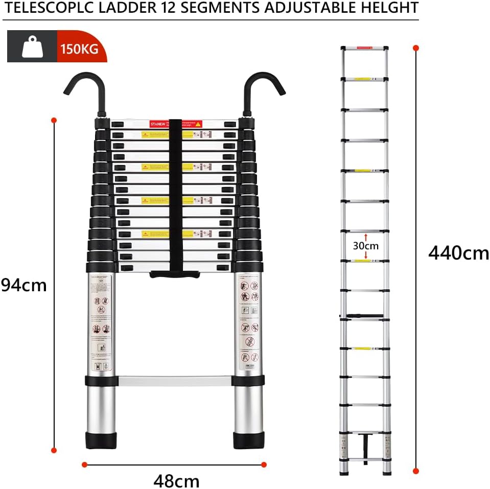 STANEW Telescopische Ladder 4.4m, Uitschuifbare Ladder van Aluminium met 2 afneembare haken, Belastbaar tot 150 kg