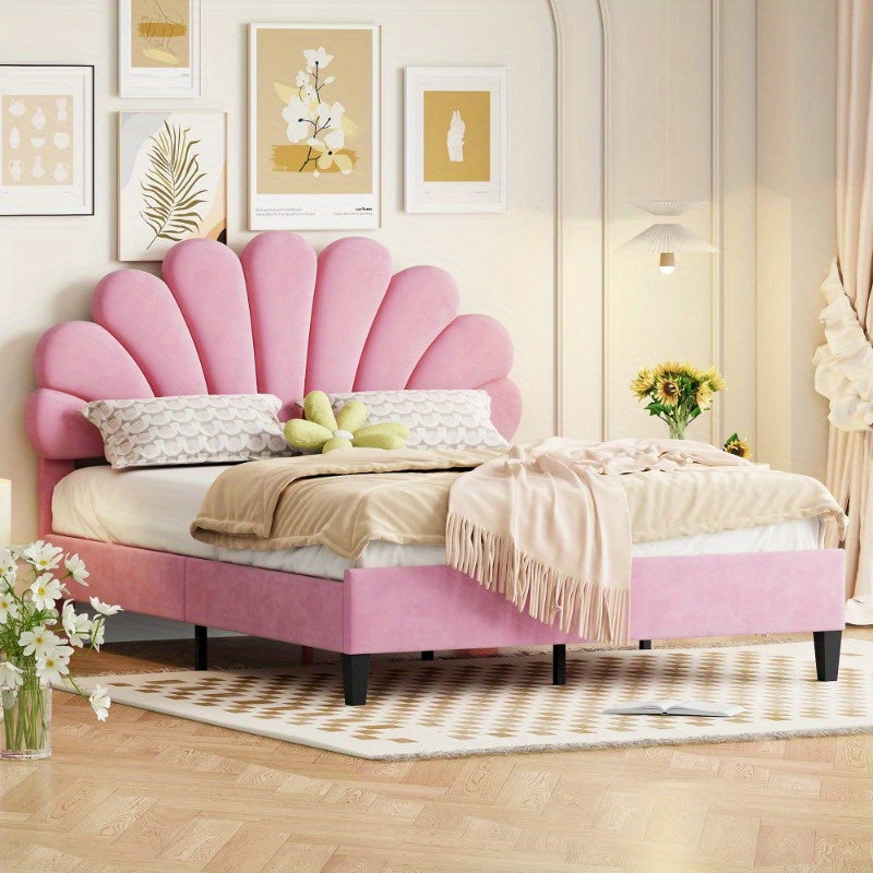 Tweepersoonsbed – Bedframe – Slaapbank – Logeerbed – Bed 140x200 cm – Roze Velours Stoffering – Gevlochten Lattenbodem
