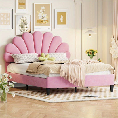 Tweepersoonsbed – Bedframe – Slaapbank – Logeerbed – Bed 140x200 cm – Roze Velours Stoffering – Gevlochten Lattenbodem