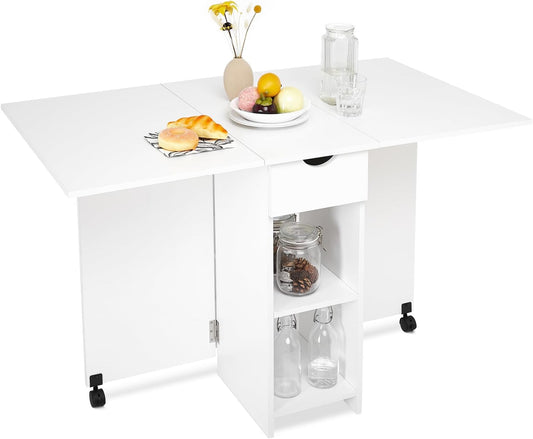 Mondeer Mobiele klaptafel, inklapbare eettafel, geschikt voor kleine ruimtes met 1 lade en 2 planken voor eetkamer en keuken, wit H1071KT01WT 72 x 120 x 75 cm