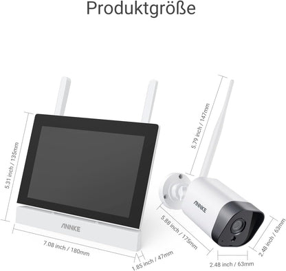 ANNKE Bewakingscameraset met monitor, 5 MP 4CH 7 inch touchscreen, NVR-beeldscherm met 2 stuks 5 MP wifi-camera, 2-weg audio, persoonsherkenning, 30 m nachtzicht, app- en e-mailalarm, 64 GB SD-kaart