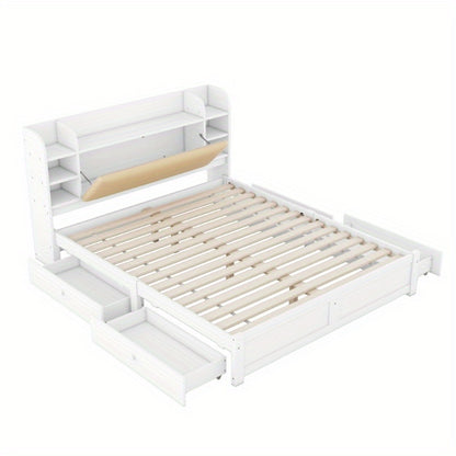 Hoofdbord Bed – Bedpaneel – Bedframe – Opbergbed – Bedombouw – 180x200cm – Vier Laden – Meerdere Opbergvakken – Wit – Opvouwbaar