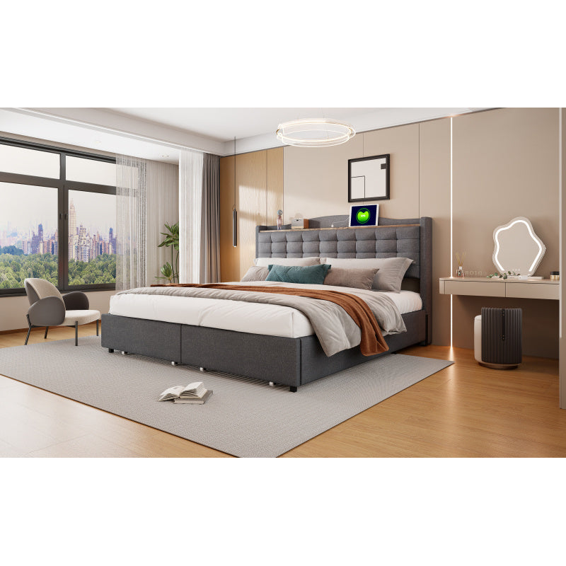 Ledikant 160x200 – Tweepersoonsbed – Bedframe – Opbergbed – Gestoffeerd Bed – Linnen Stof – Ingebouwde Oplaadpoort – 4 Laden Opbergruimte