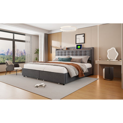 Ledikant 160x200 – Tweepersoonsbed – Bedframe – Opbergbed – Gestoffeerd Bed – Linnen Stof – Ingebouwde Oplaadpoort – 4 Laden Opbergruimte