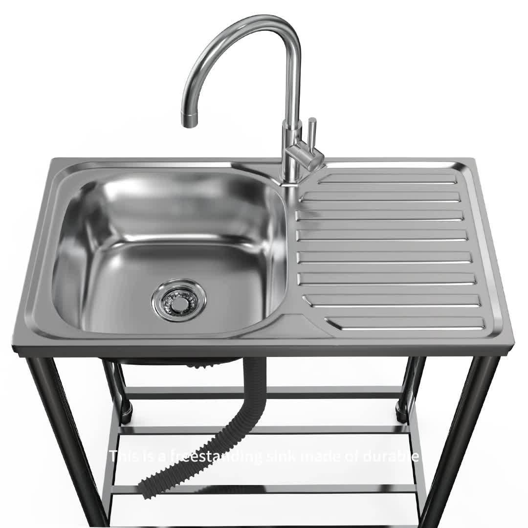 Stainless Steel Freestanding Sink with Workbench & Faucet - Heavy-Duty 304 Grade All-Weather Outdoor/Indoor Use, Large Capacity Durable Polished Sink for Kitchen, Camping, Garden, Garage, Holiday Events - Easy-Clean Surface &