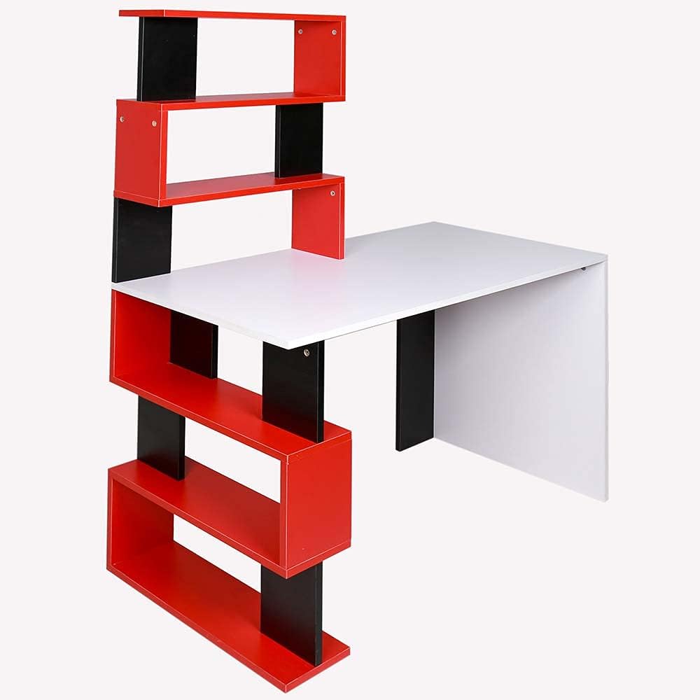 BAKAJI Bureau met dubbele boekenkast, 7 planken, werktafel, pc-computer, frame en tafelblad van MDF-hout, meubels voor thuis, kantoor, slaapkamer, modern design, 120 x 60 x 148 cm (rood)