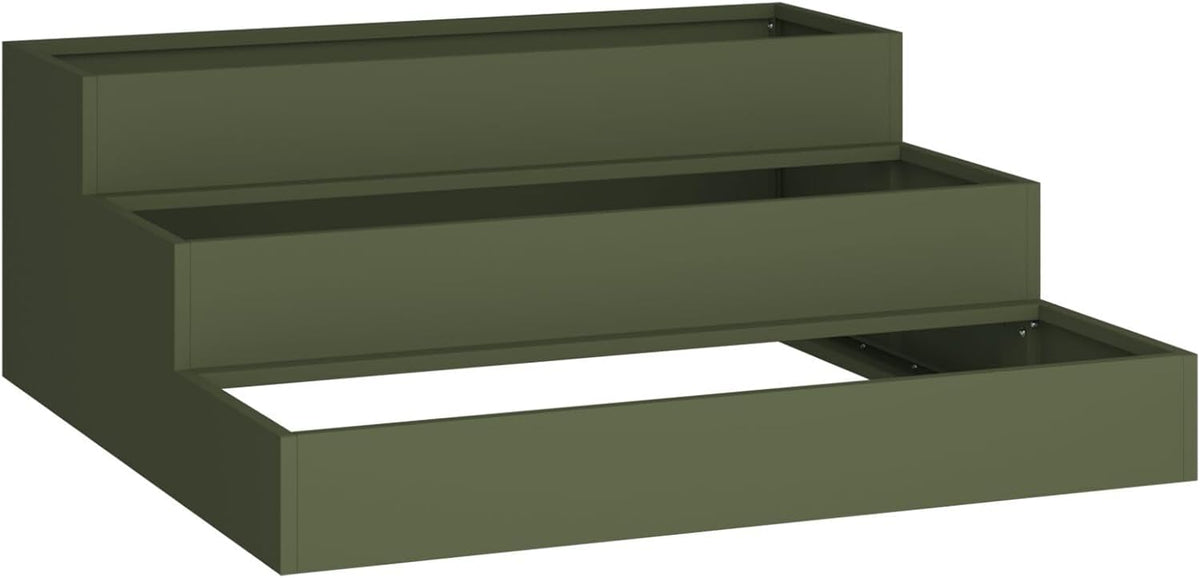 3-Tier Garden Planter, 90 x 90 x 35 cm, Olive Green, Robust Steel, for Plants with Open Bottom for Optimal Drainage and Modern Vertical Gardening - QUORE