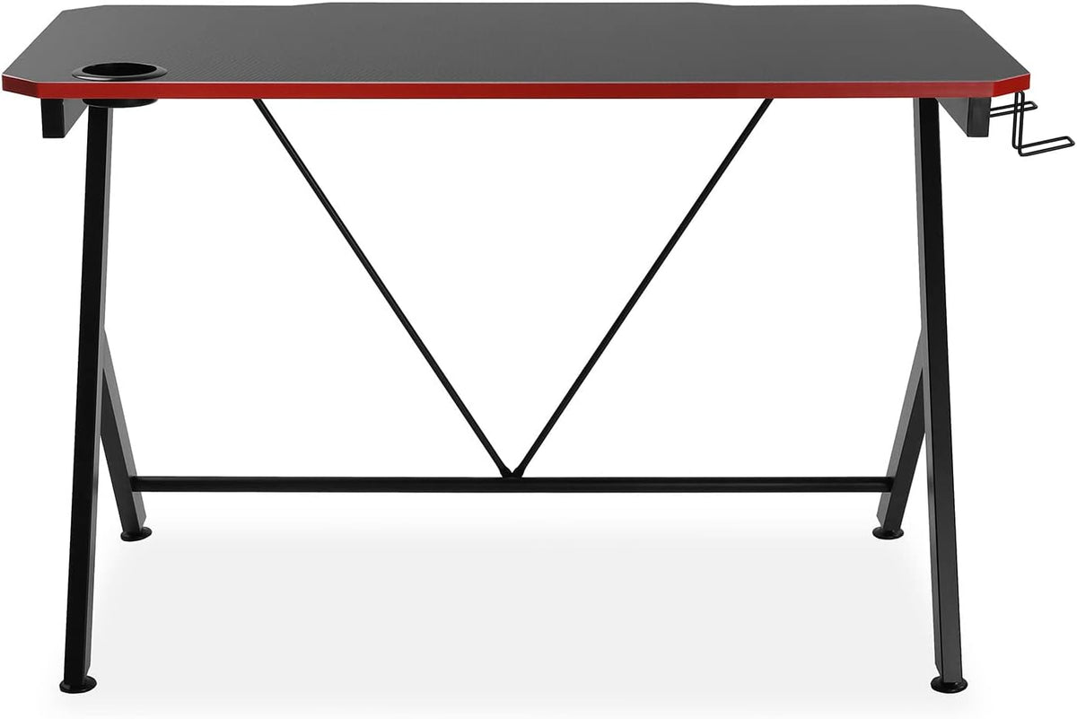 Versa Pablo Computer Bureau Tafel, Slaapkamer of Studie Tafel. Gaming tafel, Helm- en drankhouder, Afmetingen (H x B x H) 76 x 60 x 120 cm, Hout en Metaal, Kleur Zwart en rood