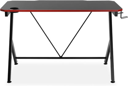 Versa Pablo Computer Bureau Tafel, Slaapkamer of Studie Tafel. Gaming tafel, Helm- en drankhouder, Afmetingen (H x B x H) 76 x 60 x 120 cm, Hout en Metaal, Kleur Zwart en rood